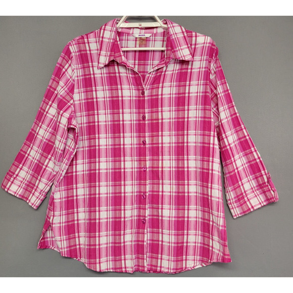 Alia Tops - Alia Plaid Button Front Top Womens 16 Pink White Crinkle 3/4 Sleeves Casual